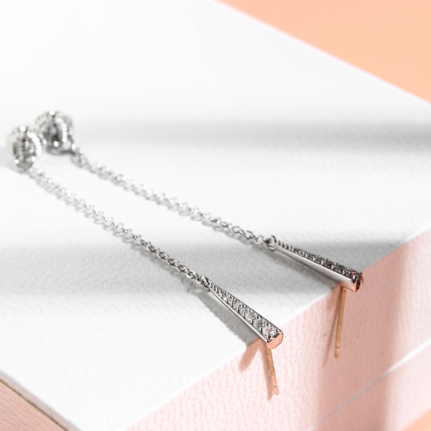 Silver Diamond Dangle Earrings with Chain Design
