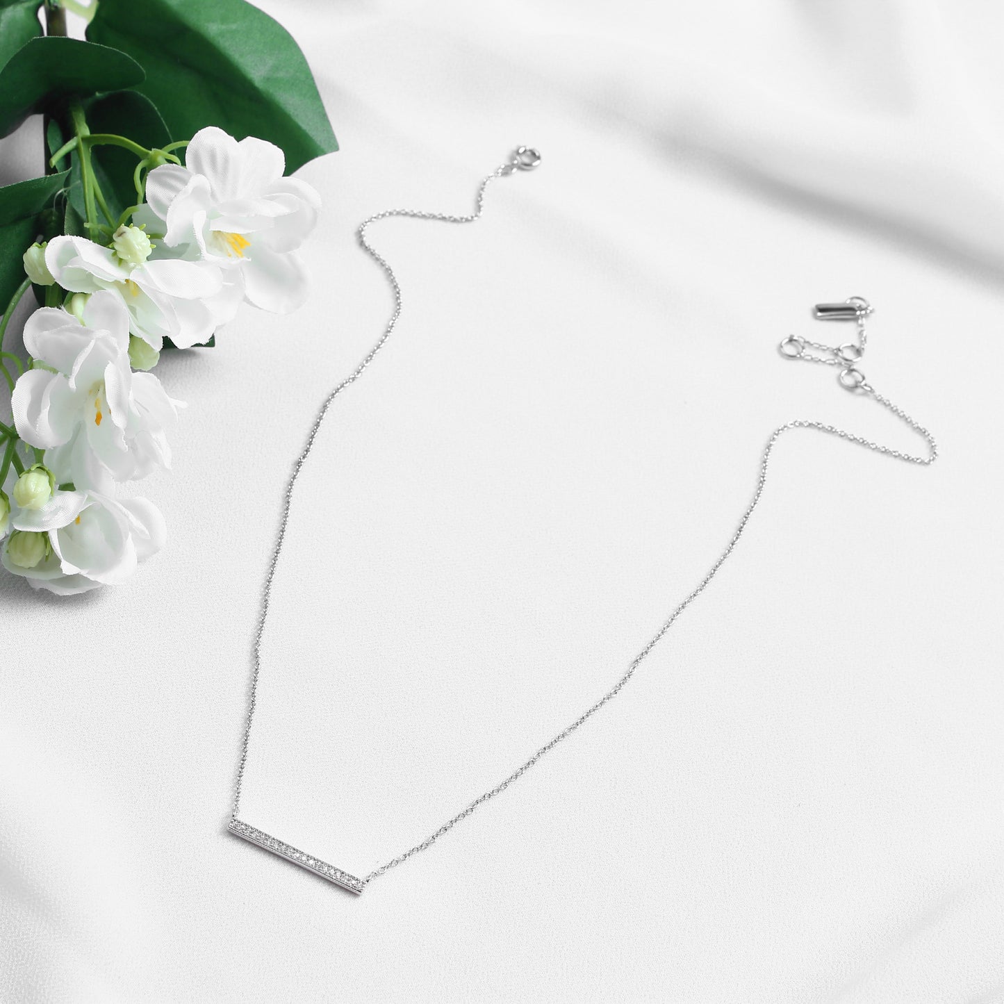 Minimalist L - Shaped Crystal - Silver  Necklace