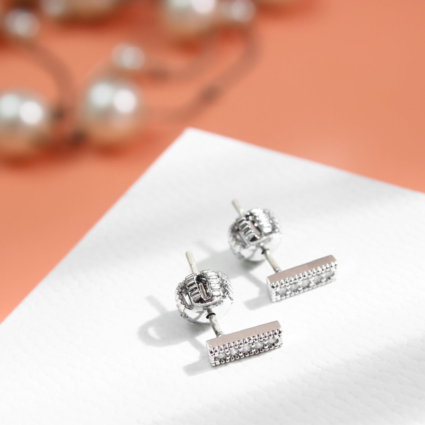 Silver - Plated Bar Stud Earrings with Crystal Accents