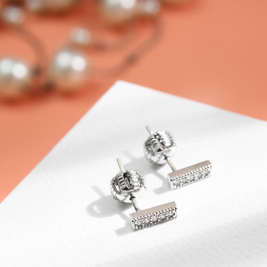 Silver - Plated Bar Stud Earrings with Crystal Accents