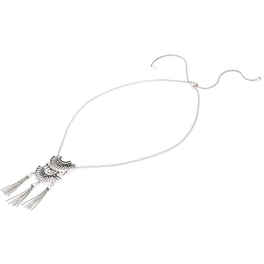 Bohemian Silver - Tassel Fan - Shaped Pendant Necklace