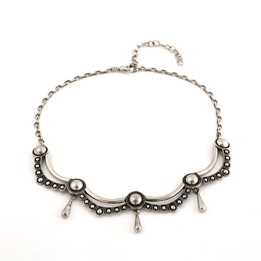 Vintage Silver -Tone Choker Necklace with Geometric Bead & Drop Accents