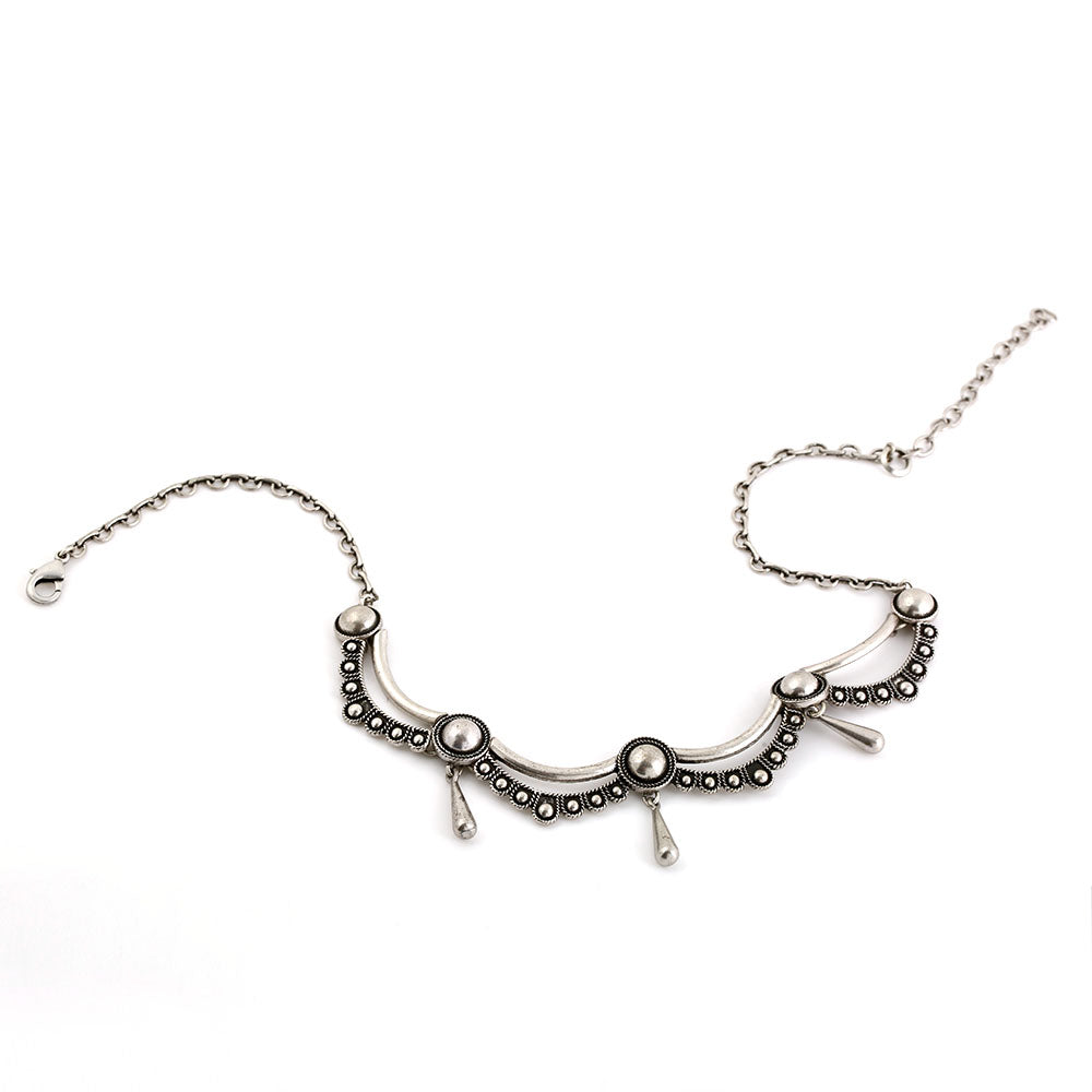Vintage Silver -Tone Choker Necklace with Geometric Bead & Drop Accents