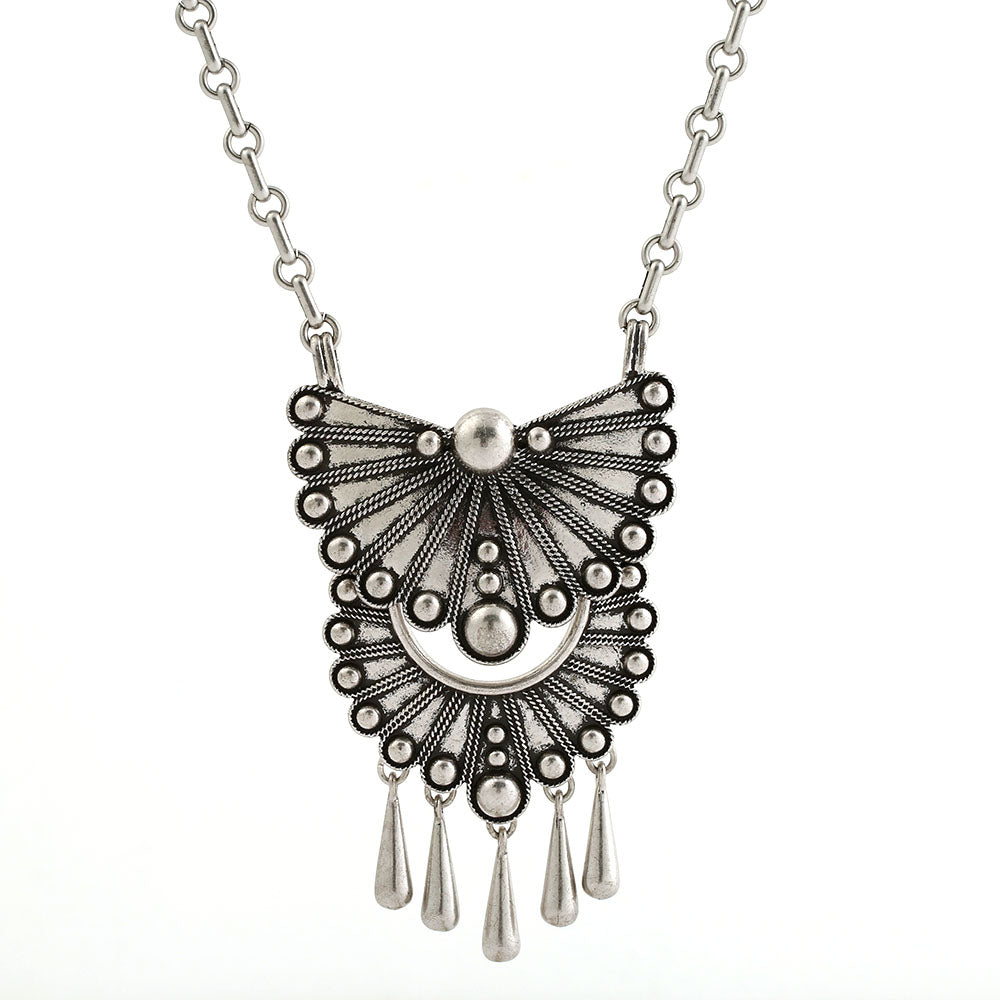 Bohemian Silver Filigree Fan Pendant Necklace - Vintage Tassel Design Statement Jewelry