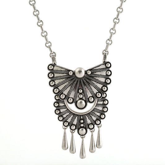 Bohemian Silver Filigree Fan Pendant Necklace - Vintage Tassel Design Statement Jewelry