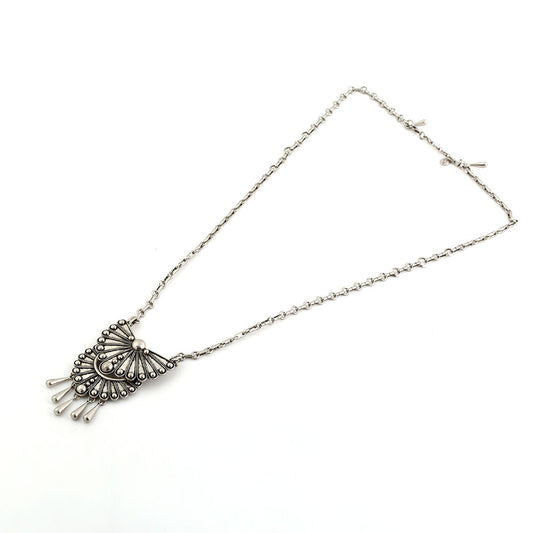 Bohemian Silver Filigree Fan Pendant Necklace - Vintage Tassel Design Statement Jewelry