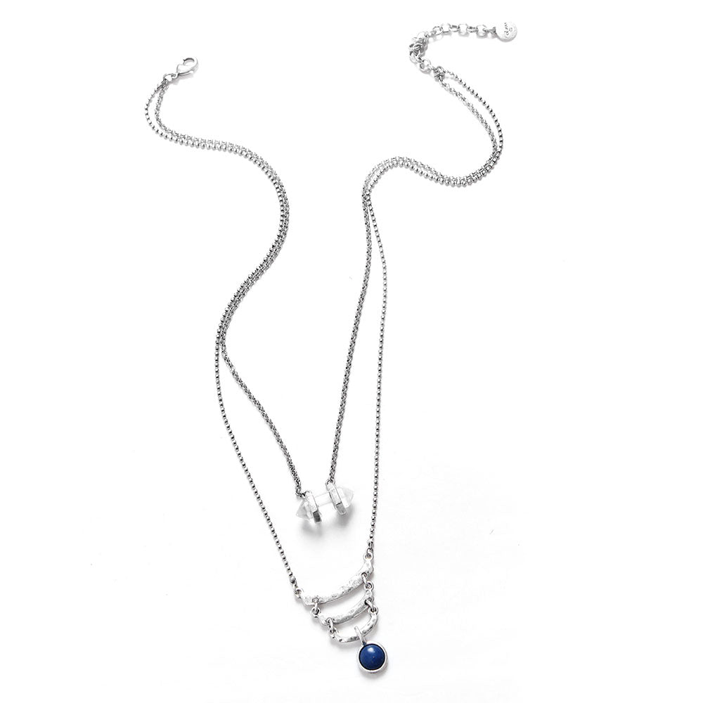 Layered Silver - Tone Necklace with Blue Stone Accent