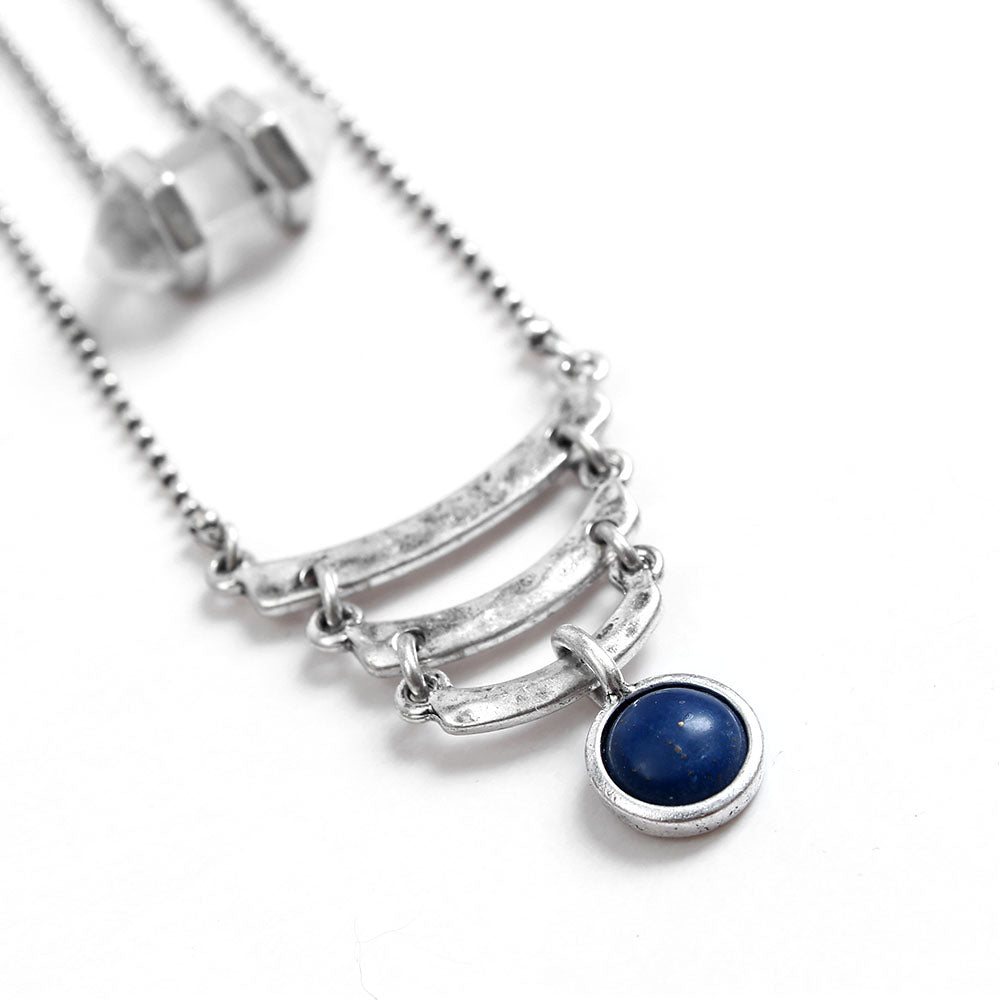 Layered Silver - Tone Necklace with Blue Stone Accent