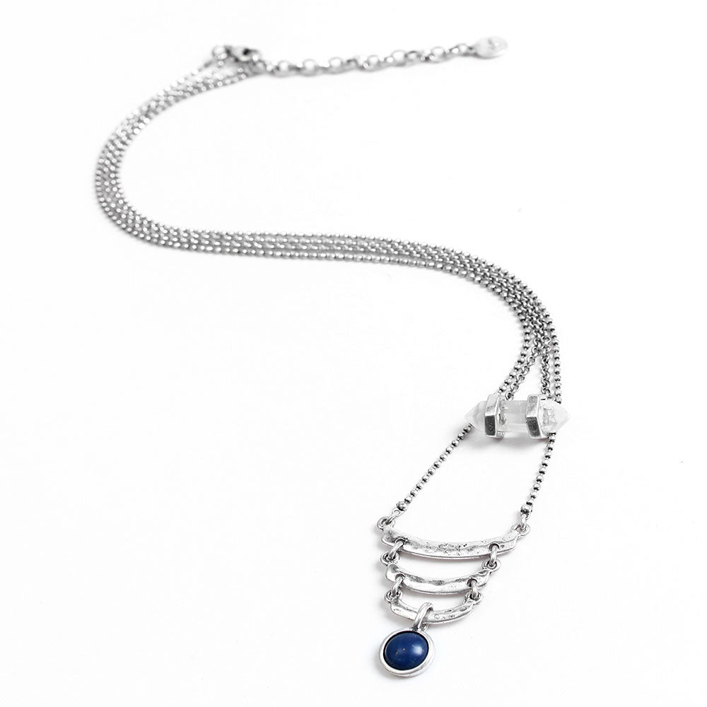 Layered Silver - Tone Necklace with Blue Stone Accent