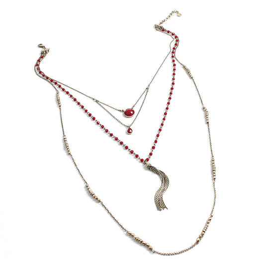 Bohemian Layered Red Bead & Tassel Necklace - Vintage Style Statement Jewelry