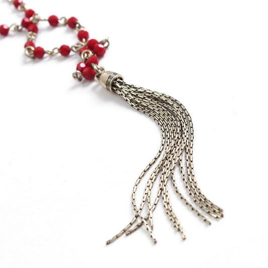 Bohemian Layered Red Bead & Tassel Necklace - Vintage Style Statement Jewelry
