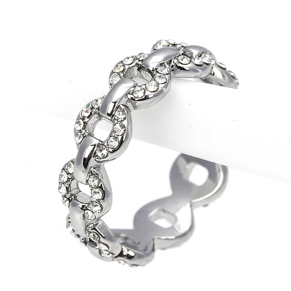 Silver - Toned Chain Link Ring with Crystal Accents