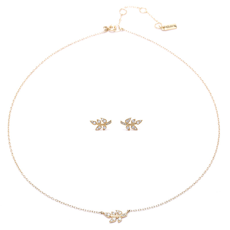 Gold - Plated Leaf - Earring & Necklace Set with Sparkling Cubic Zirconia