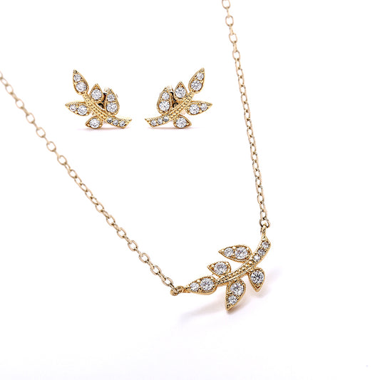 Gold - Plated Leaf - Earring & Necklace Set with Sparkling Cubic Zirconia