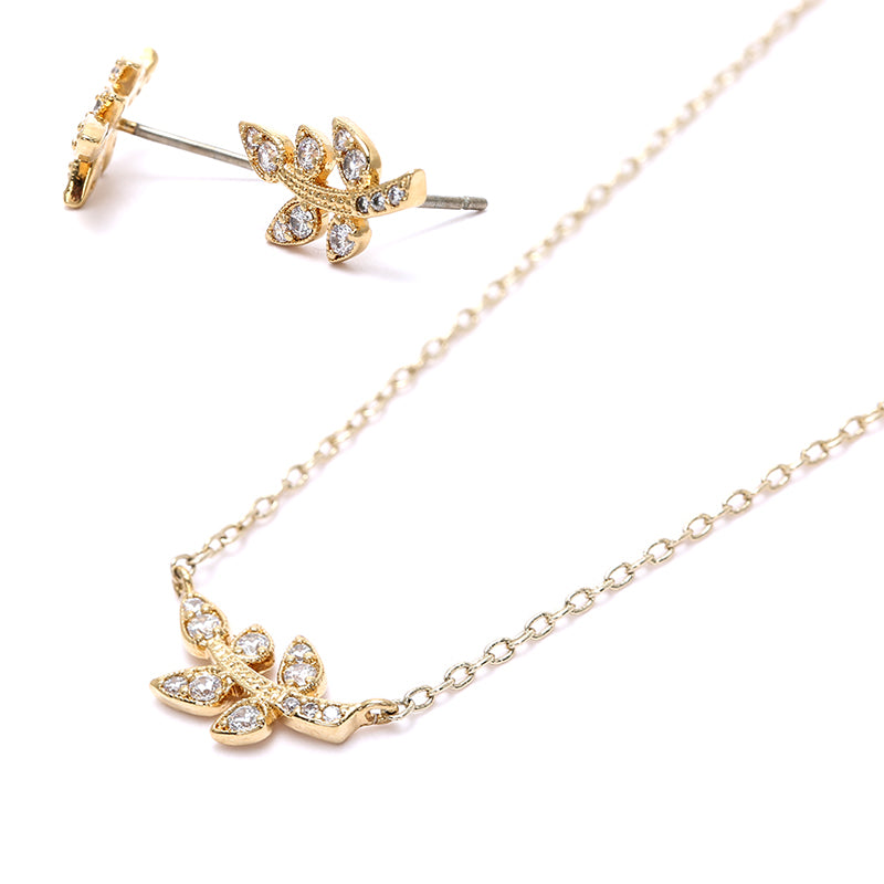 Gold - Plated Leaf - Earring & Necklace Set with Sparkling Cubic Zirconia