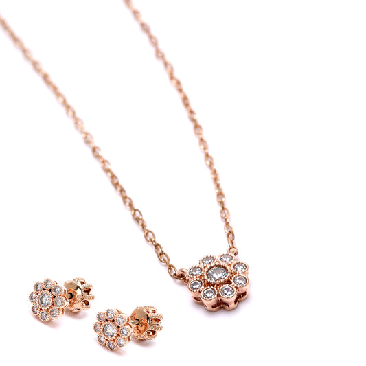 Rose Gold Plated Flower  Earrings & Necklace Sets with Sparkling Cubic Zirconia