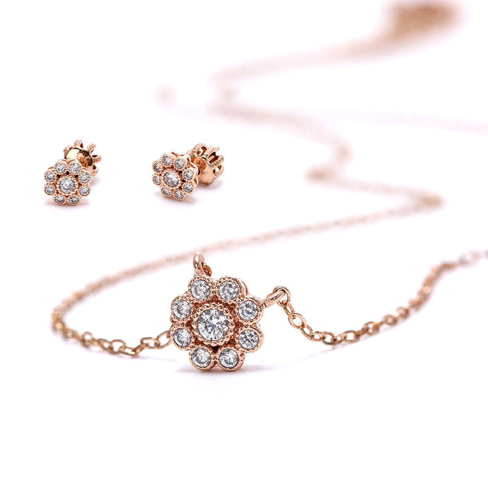 Rose Gold Plated Flower  Earrings & Necklace Sets with Sparkling Cubic Zirconia
