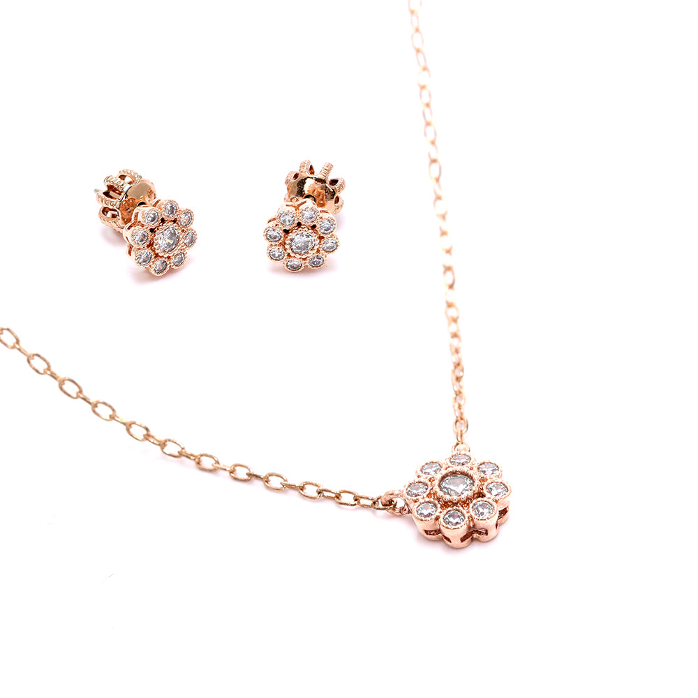 Rose Gold Plated Flower  Earrings & Necklace Sets with Sparkling Cubic Zirconia