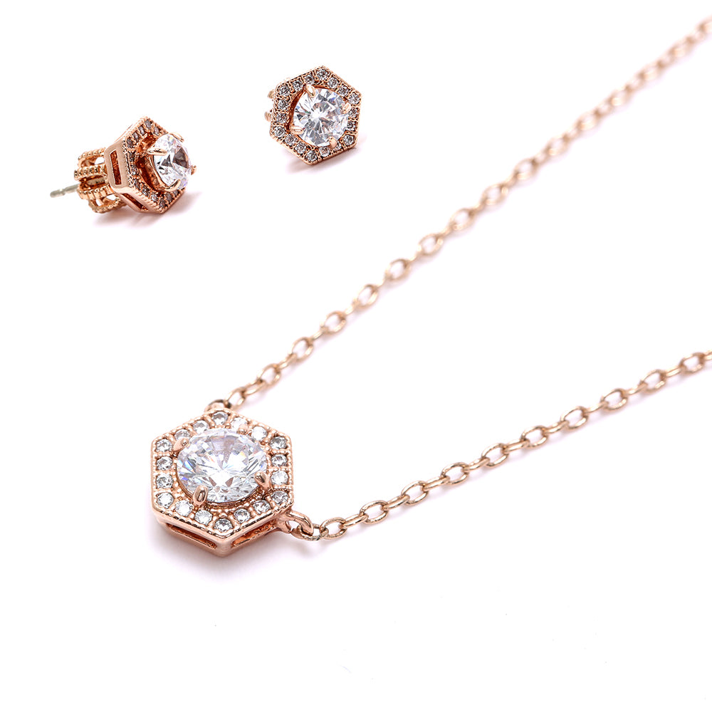 Hexagonal Rose Gold - Plated  Earring & Necklace Set with Sparkling Cubic Zirconia