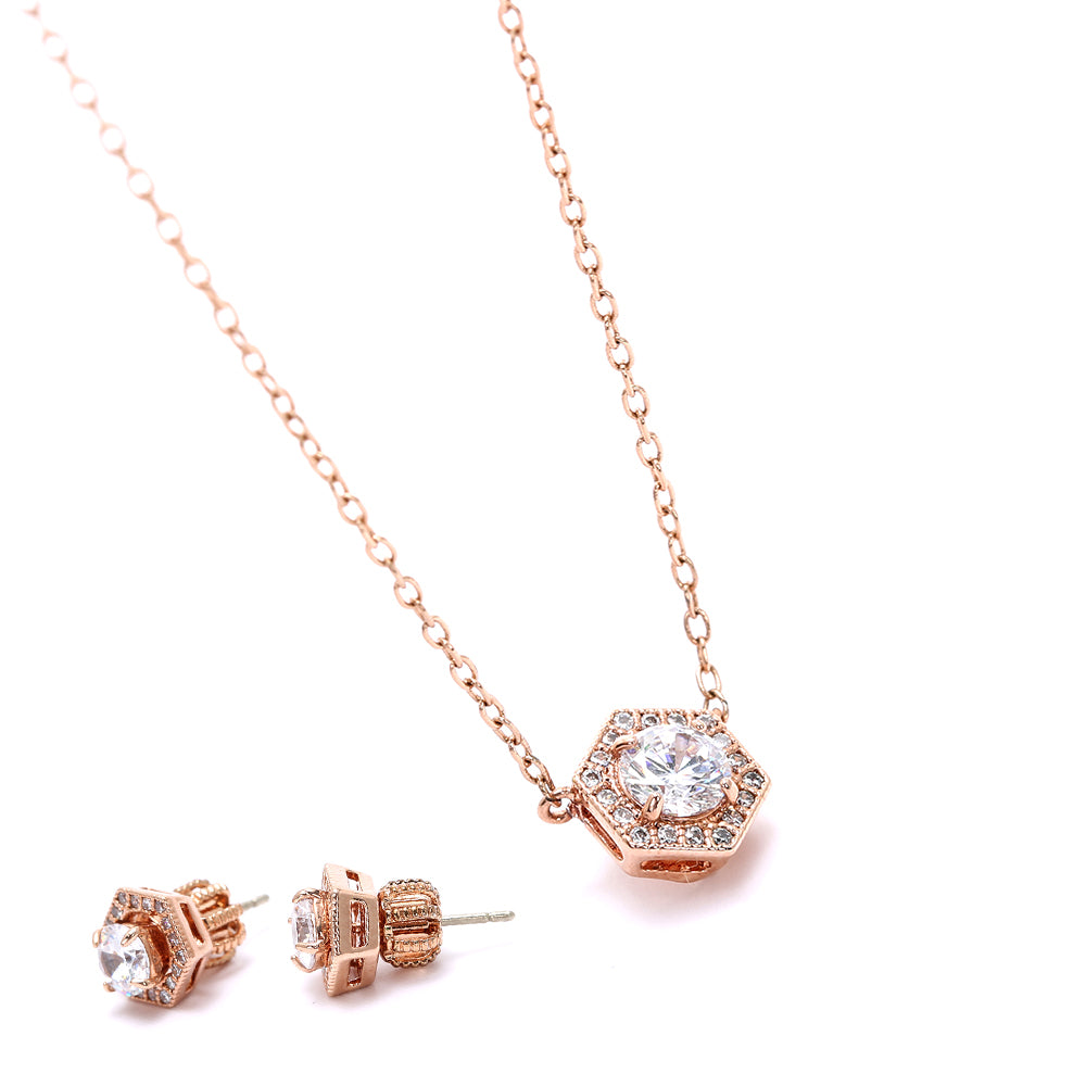 Hexagonal Rose Gold - Plated  Earring & Necklace Set with Sparkling Cubic Zirconia