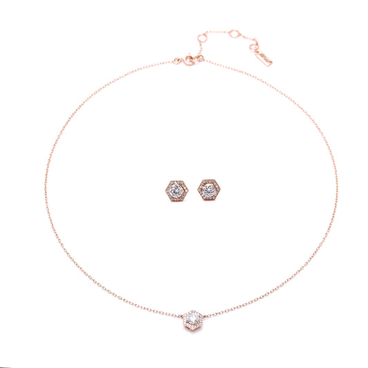 Hexagonal Rose Gold - Plated  Earring & Necklace Set with Sparkling Cubic Zirconia
